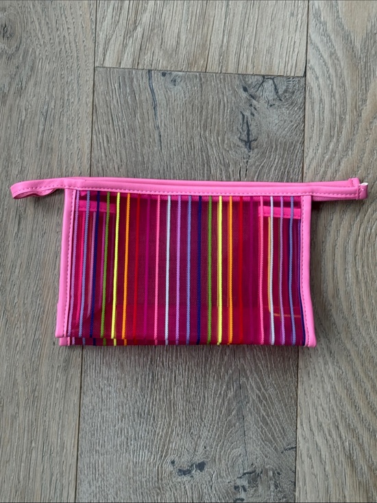 Handbags - Hot Pink Mesh Multi-Color Striped Zip Cosmetic Toiletries Makeup Pouch Bag Case